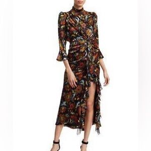 cinq a sept Juliana Silk Black Floral High Neck Ruffle Midi Dress Size 0